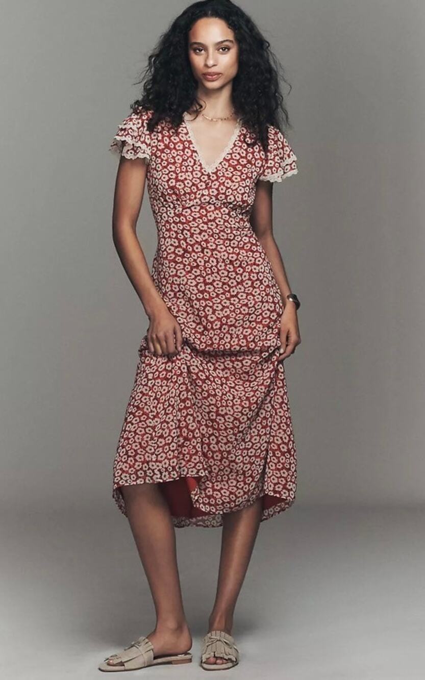 Anthropologie Exquise V-neck Flutter Sleeve Midi Dress Sz. M